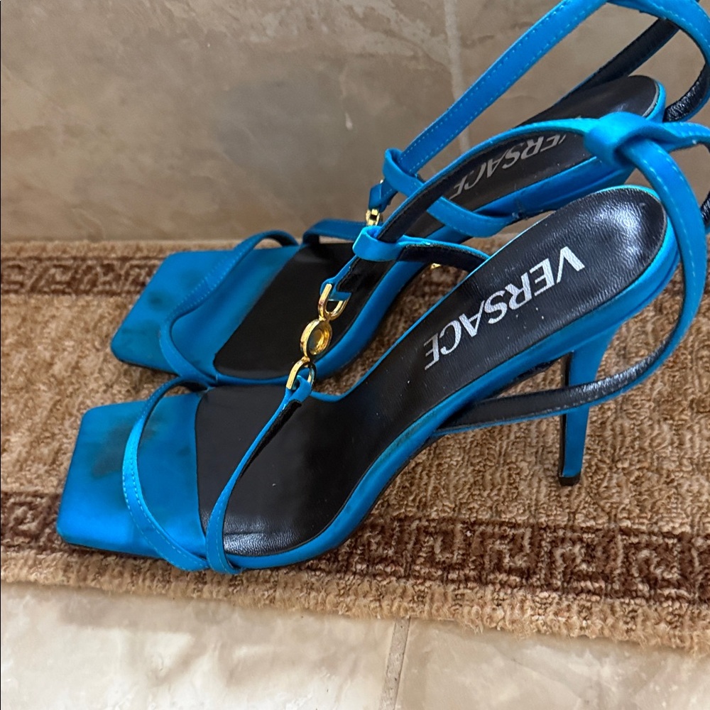 Versace Bright Turquoise Satin Slingback Heels with Gold Medusa - Picture 9 of 16